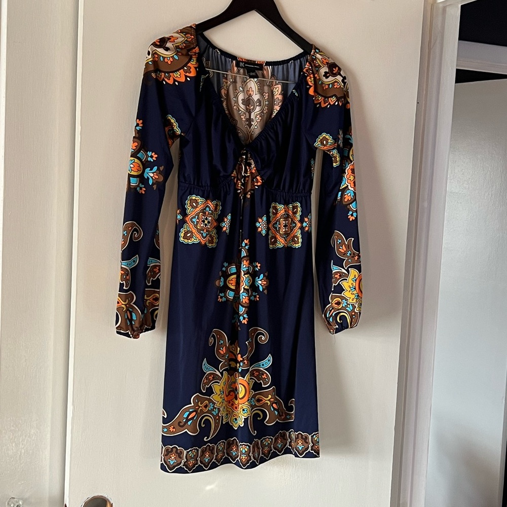 INC Bohemian Long Sleeve Navy Mini Dress Vibrant Pattern. Women’s medium.